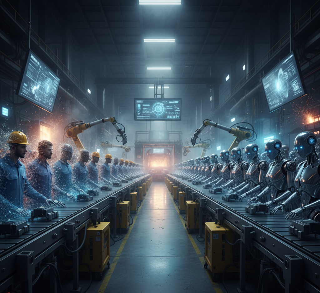 Humans and robots work side by side on an assembly line in a futuristic factory.