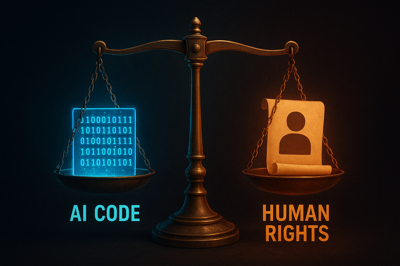 A balance scale with “AI Code” glowing in blue on one side and “Human Rights” glowing in orange on the other.