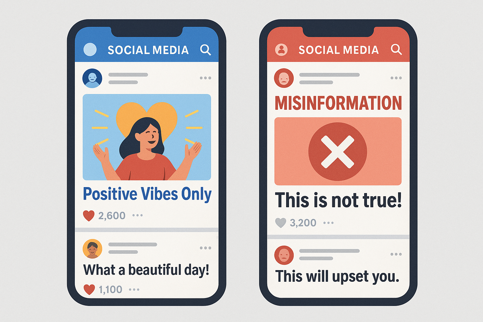 Two smartphone screens showing social media feeds—one positive and uplifting, the other spreading misinformation.