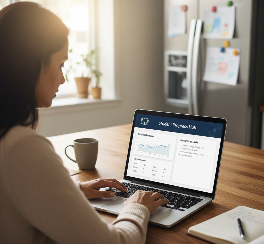 Person using a laptop showing a student progress dashboard at a wooden table.