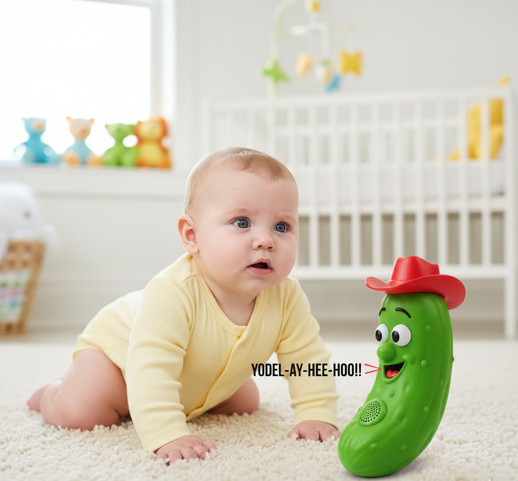 Baby on a nursery floor staring at a toy yodelling pickle wearing a red cowboy hat.